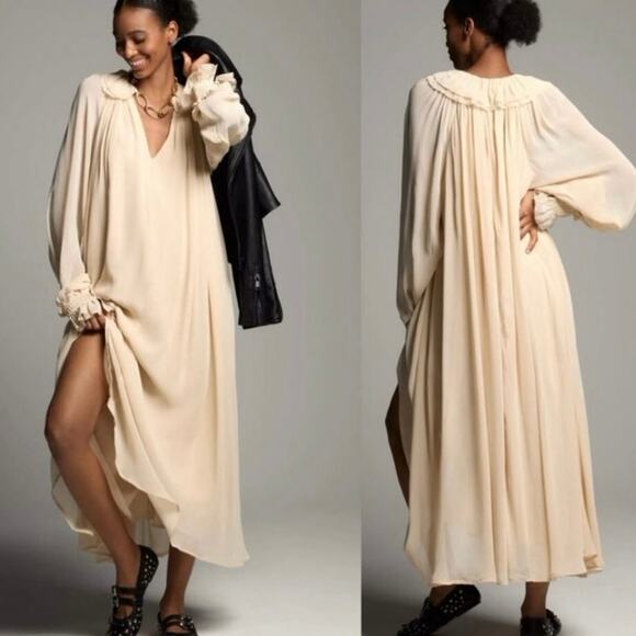 Anthropologie Dresses & Skirts - Anthropologie Long-Sleeve Sheer Pleated Midi Dress In Neutral